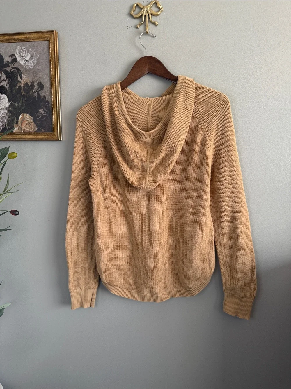 Lauren Ralph Lauren Hooded Waffle Knit Sweater Hoodie Tan 100% Cotton Medium